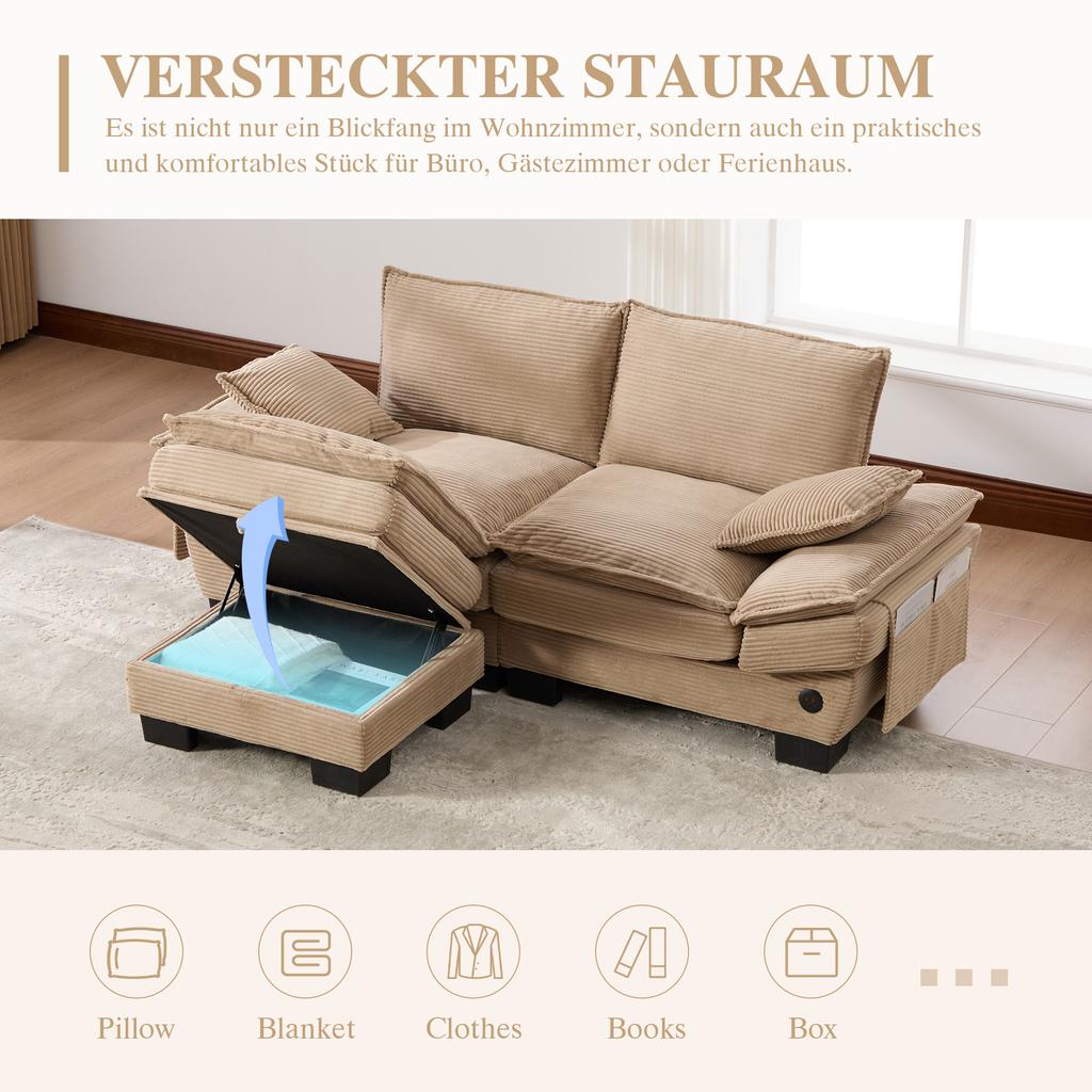 Modular 2-seater Corduroy Sofa (with Ottoman) – Wide Seat, Ergonomic Design, High-density Foam Padding, USB-C Port, Side Pockets. Khaki