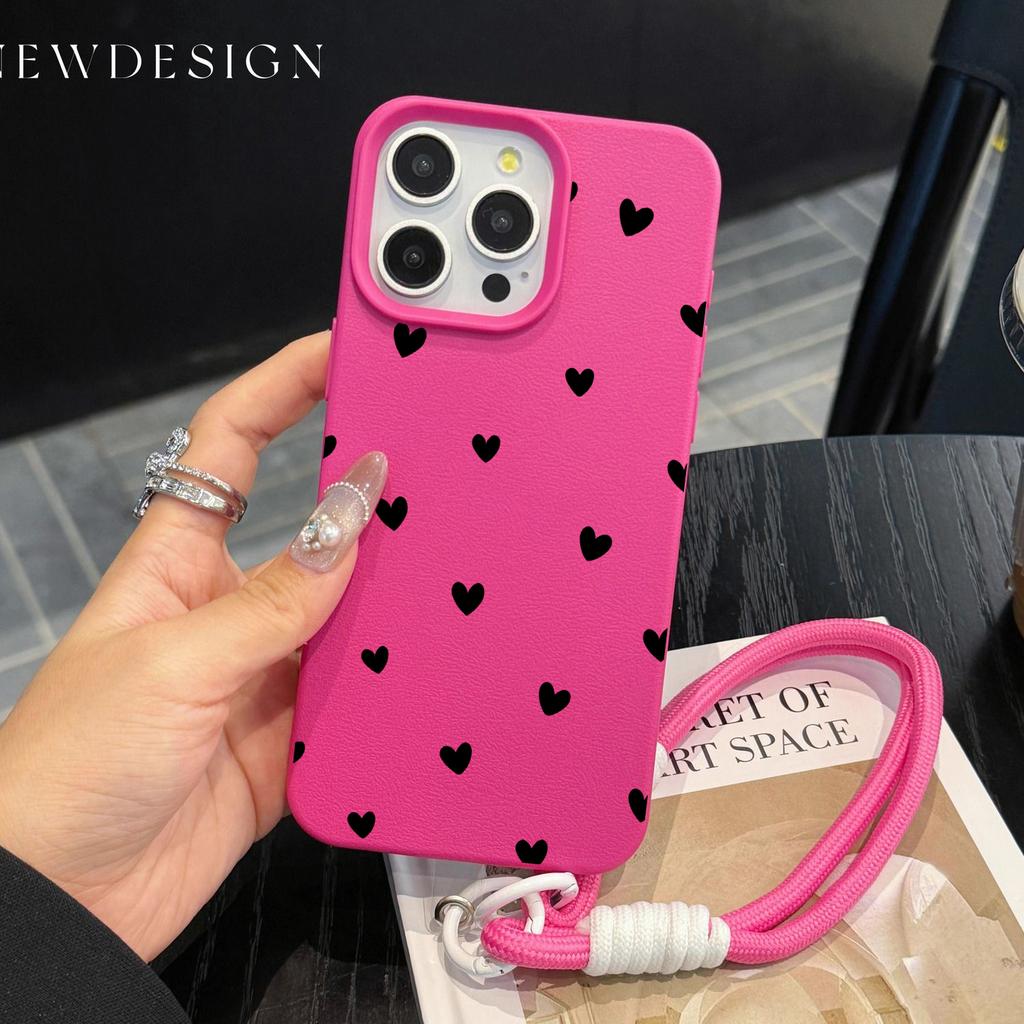 INS Love Heart Luxury Cute Phone Chain Lanyard Case For iPhone 17 16 15 14 13 12 Pro Max 11 Plus Shockproof Lichee Pattern Funda