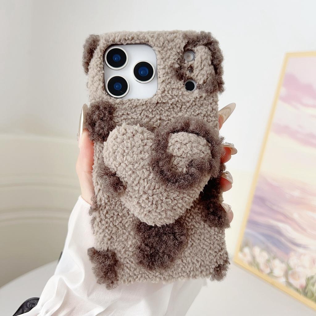 For iPhone 17 Pro Max Case 3D Heart Plush TPU Winter Warm Soft TPU Phone Cover