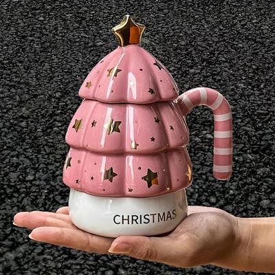 Christmas Tree Ceramic Coffee Mug with Lid ,Reusable, Dishwasher Safe, Perfect for All Seasons, Gifts