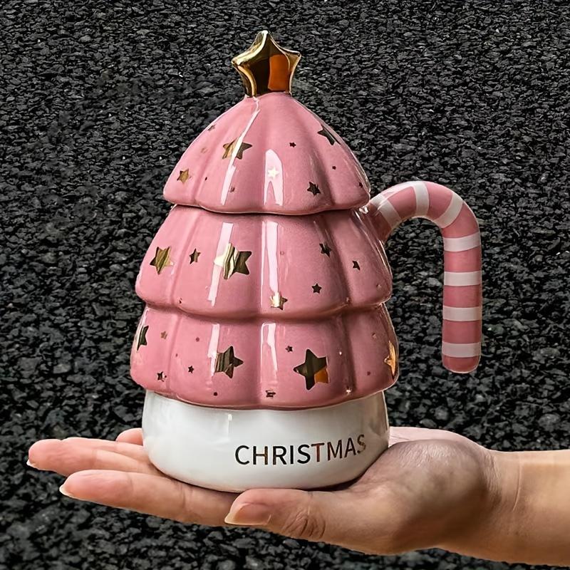 Christmas Tree Ceramic Coffee Mug with Lid ,Reusable, Dishwasher Safe, Perfect for All Seasons, Gifts