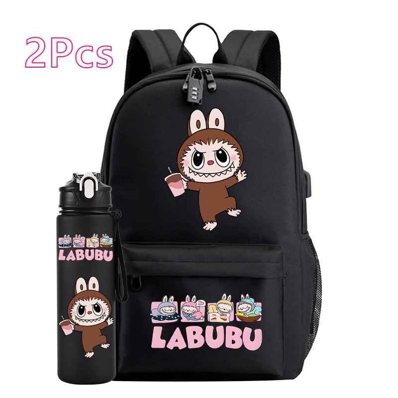 2Pcs/set Cute Canvas Printed Backpack Water Bottle Boy Girl Teen Student Schoolbag Backpack Women Anti-Theft Laptop Travel Bag