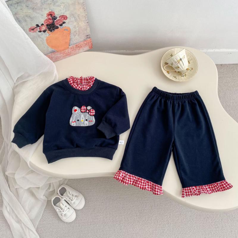 Ka You Dou Girls' Plaid Faux Two-Piece Sweatshirt & Pants Set