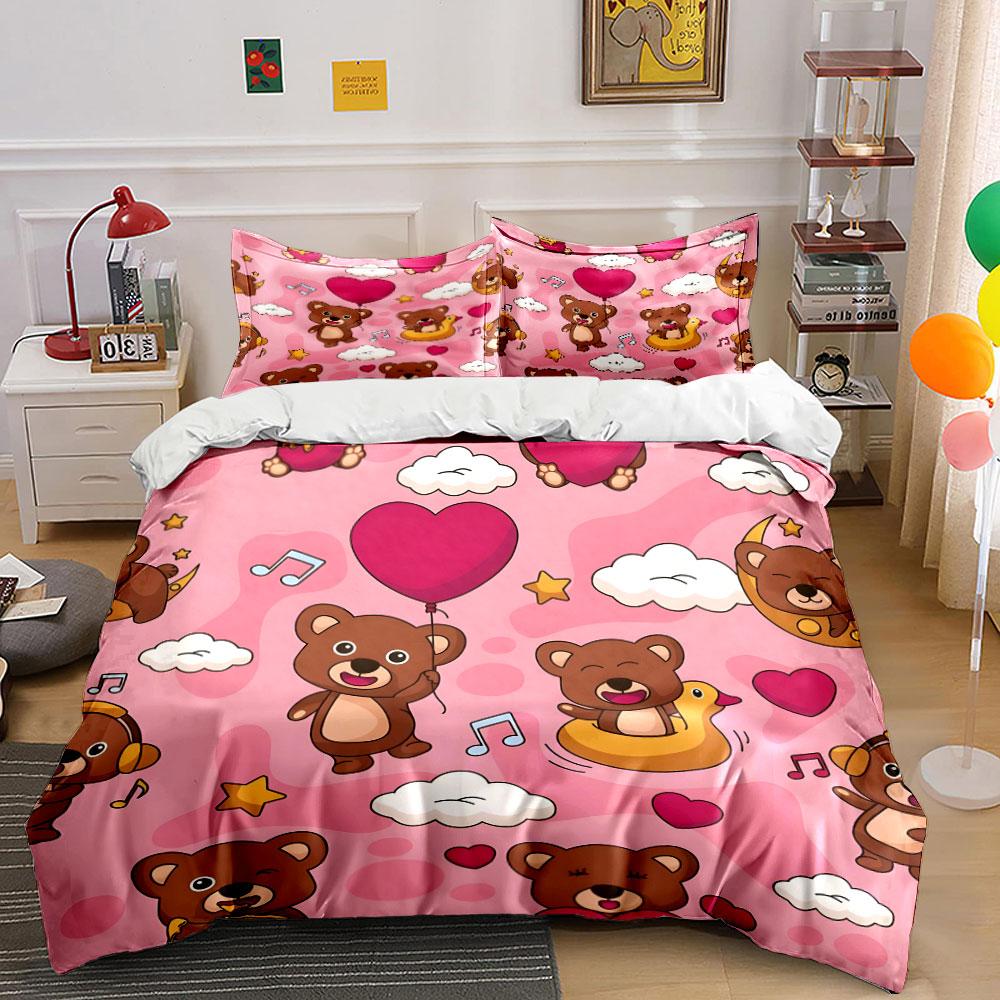 Cute Bear and Heart Pattern Bedding Duvet Cover Set (1*Duvet Cover 2*Pillowcases, Without Duvet Insert)