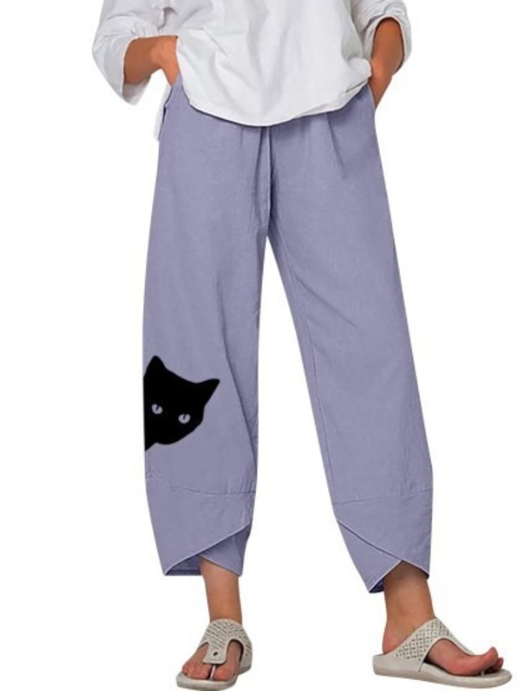 Pantaloni da Donna Elasticizzati in Vita con Stampa Animalier e Motivo Gatto, Pantaloni Casual, Pantaloni a Nove Quarti
