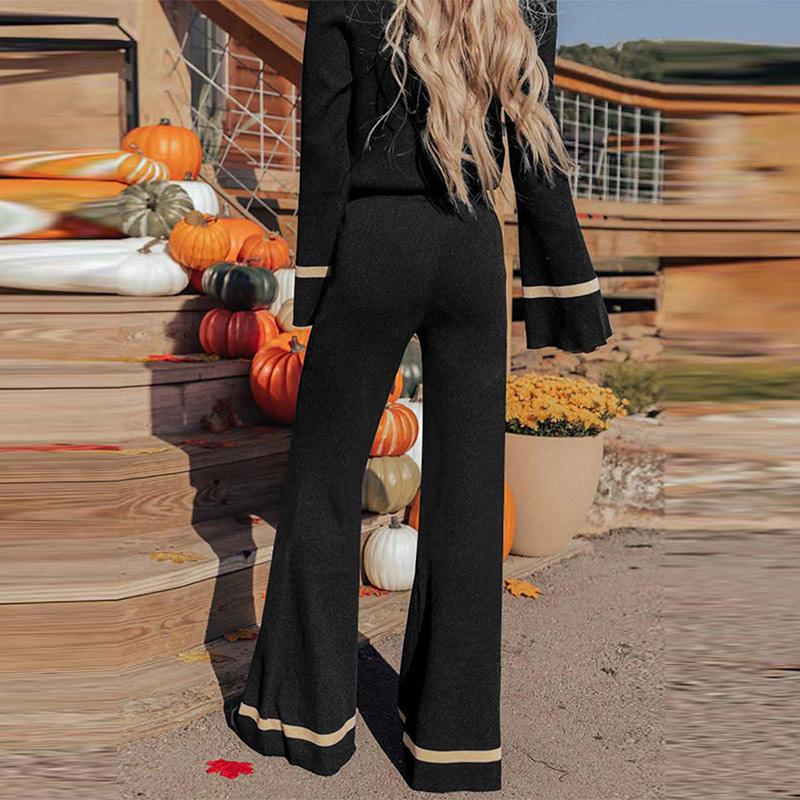 Women's Color Collision Fashion Casual Suit Autumn Winter V-neck Long Sleeve Pullover High Waist Wide Leg Pants Two Pieces Sets