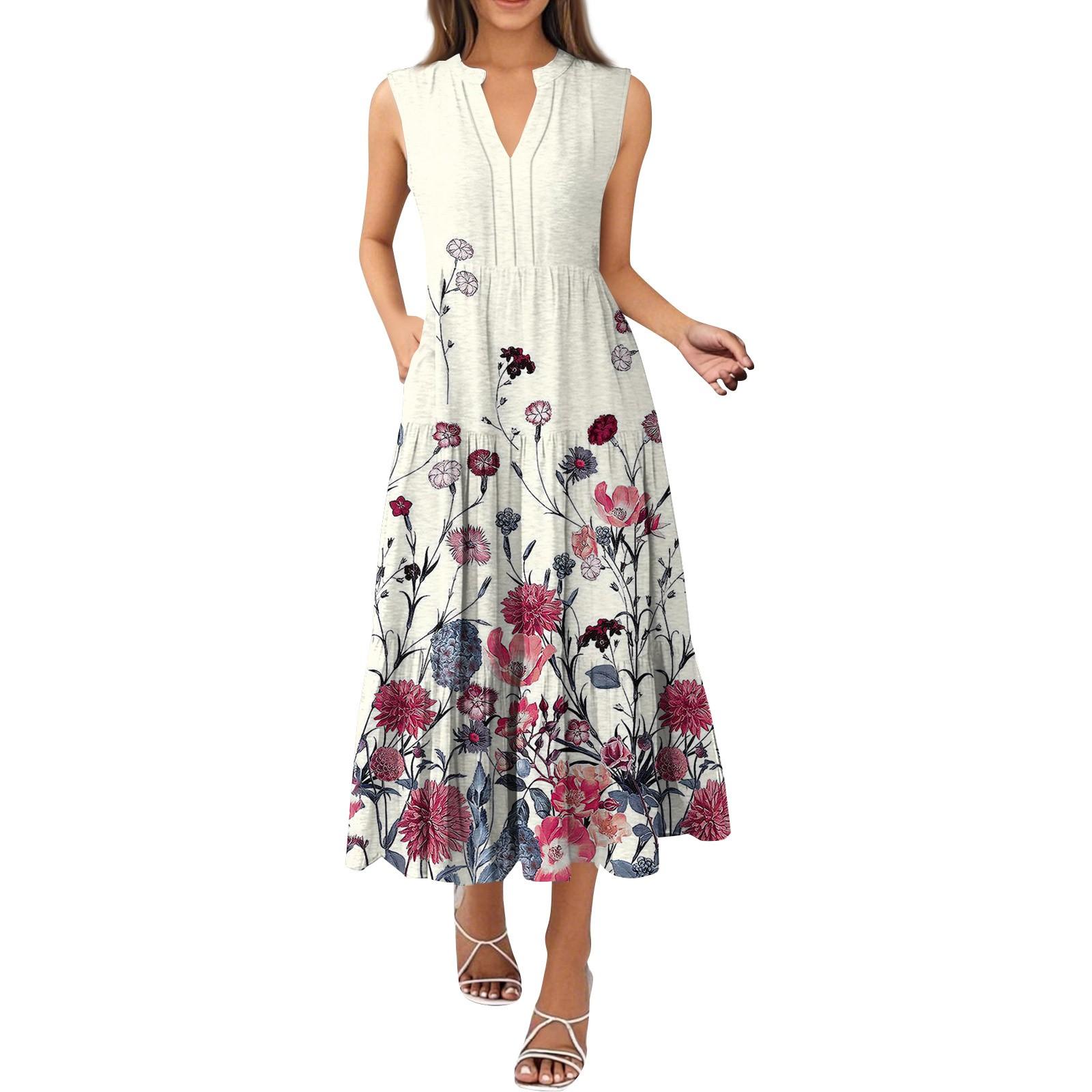 

Женские модные летние платья без рукавов с V-образным вырезом и винтажным цветочным принтом в складку XXXL белый