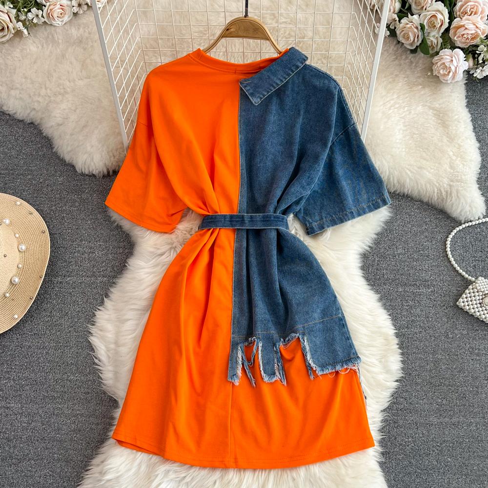 Elegant sommer Dame Patchwork dongeriskjorter Vintage Casual Slanke bluser Topper med belte Kvinnelig Mote Pullover Klær Nyhet