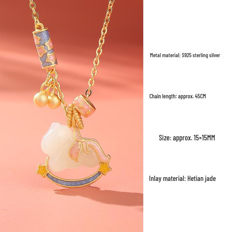 Natural Hetian Jade Rocking Horse Pendant Necklace, Women's s925 Silver Zodiac Design, Perfect for Birth Year Clavicle Chain.