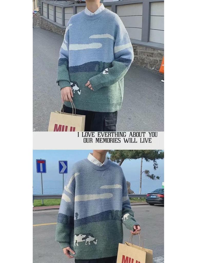 Herren Strickpullover im japanischen Stil mit Kuhmuster - Trendiger Rundhals-Pullover