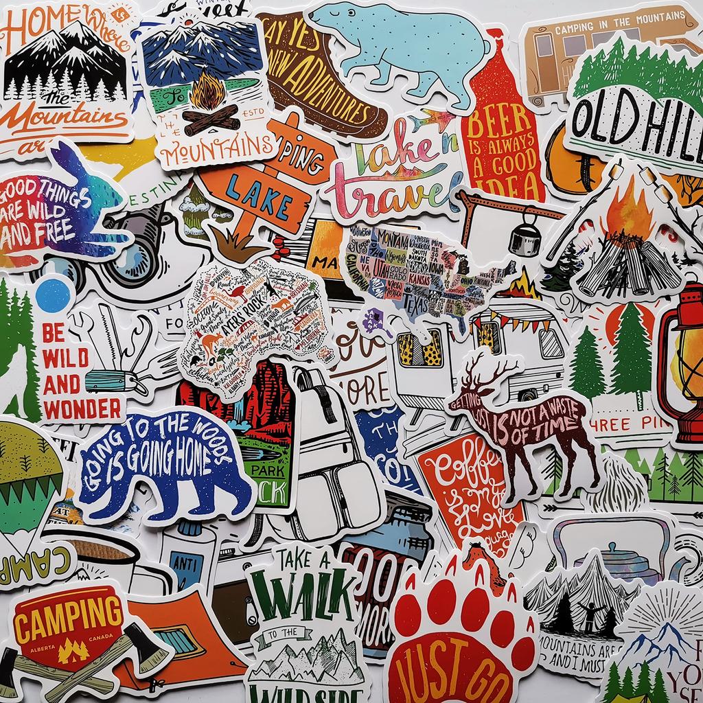 50pcs American Camping Stickers Outdoor Decals Funny Cooler Box Stickers Camping Goods