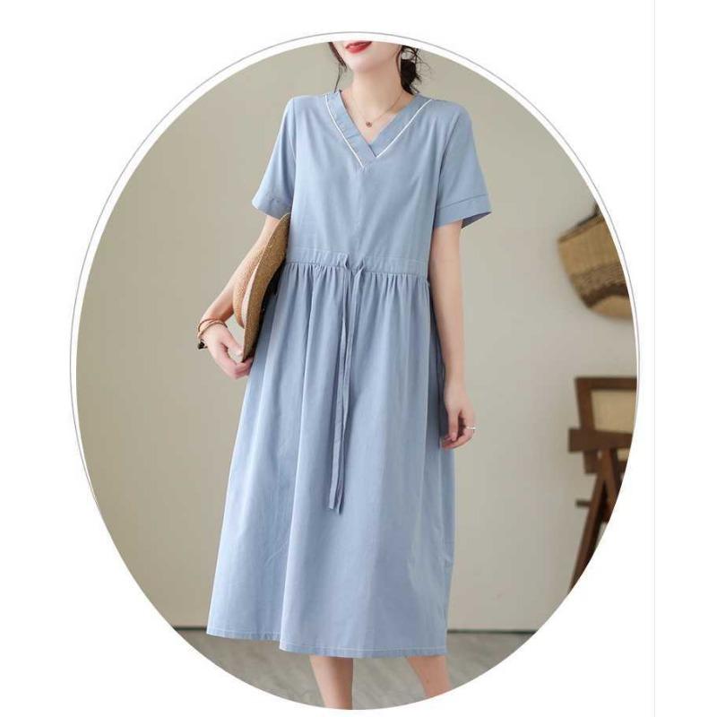 V-neck Mid-length Dress Summer New Retro Literary Large Swing A-line Skirt