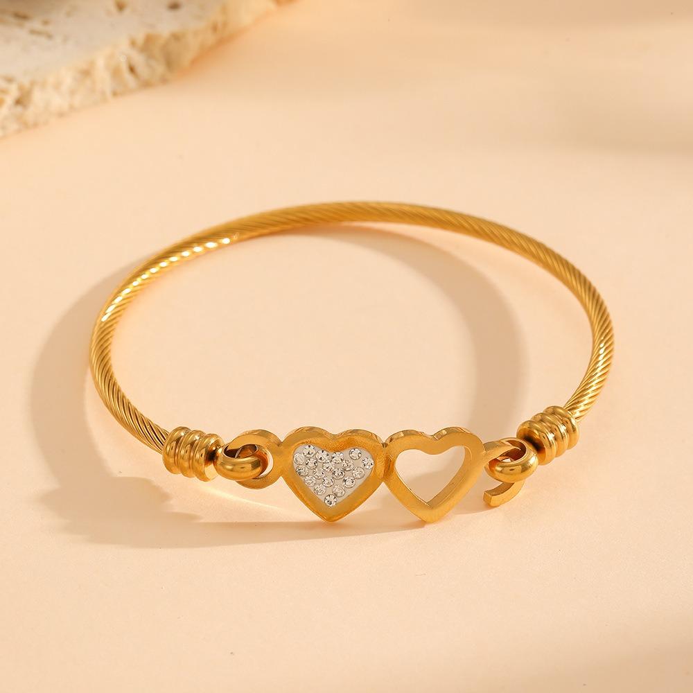 Retro Personality Evil Eye Micro Inlay Zircon Double Heart Bangles for Women Gold Color Stainless Steel Twist Bracelet Jewelry