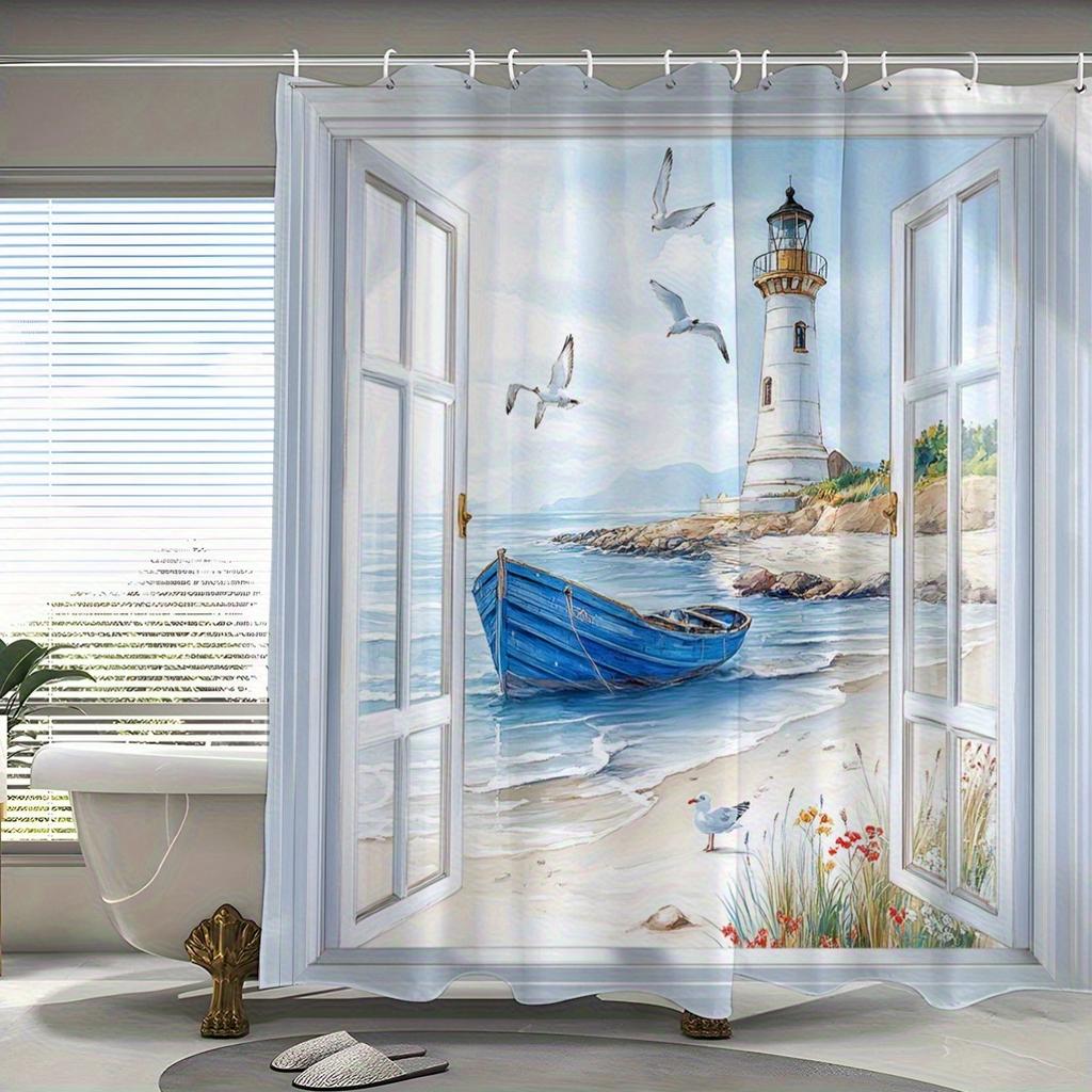 Open 1pcs Healing Bay Scenery Theme Digital Printed Shower Curtain, Suitable for All Seasons, Home Decor, Curtain Home Decor