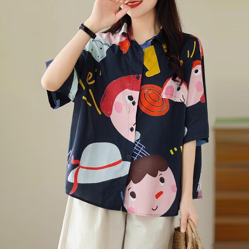 ZANZEA Women Summer Cartoon Print Short Sleeve Shirts