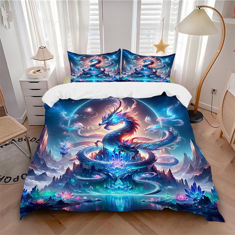 3pcs Enchanted Dragon Realm Printed Bedding Set, Soft and Comfortable Quilt Cover for Bedroom, Guest Room J036