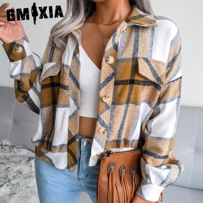 Γυναικεία Vintage Casual Καρό Εκτύπωση Χαλαρά Φθινοπωρινά Χειμερινά Μακρυμάνικα Μπουφάν με Πέτο & Φανάρι Μάλλινο Μπουφάν