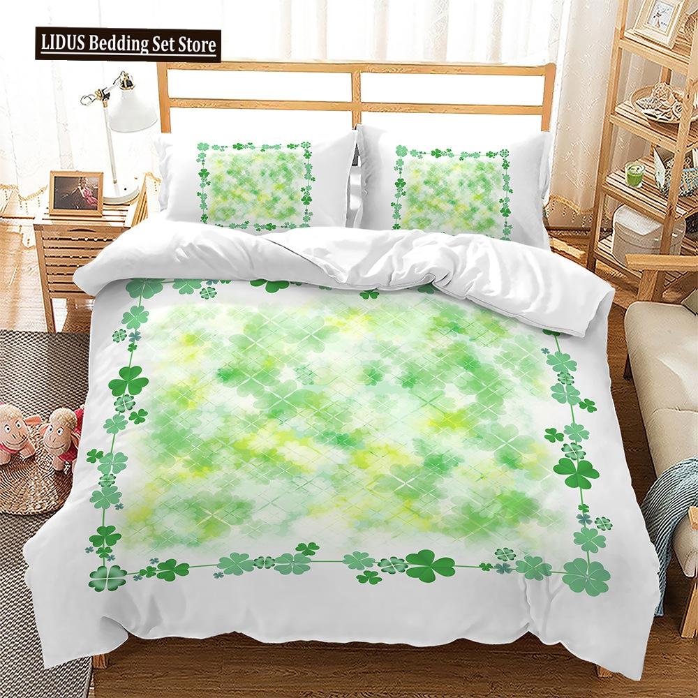 Four-leaf Clover Duvet Cover Set Green Leaves With Good Luck Polyester Comforter Cover For Kids Boy Girl Bedding Set King Size
