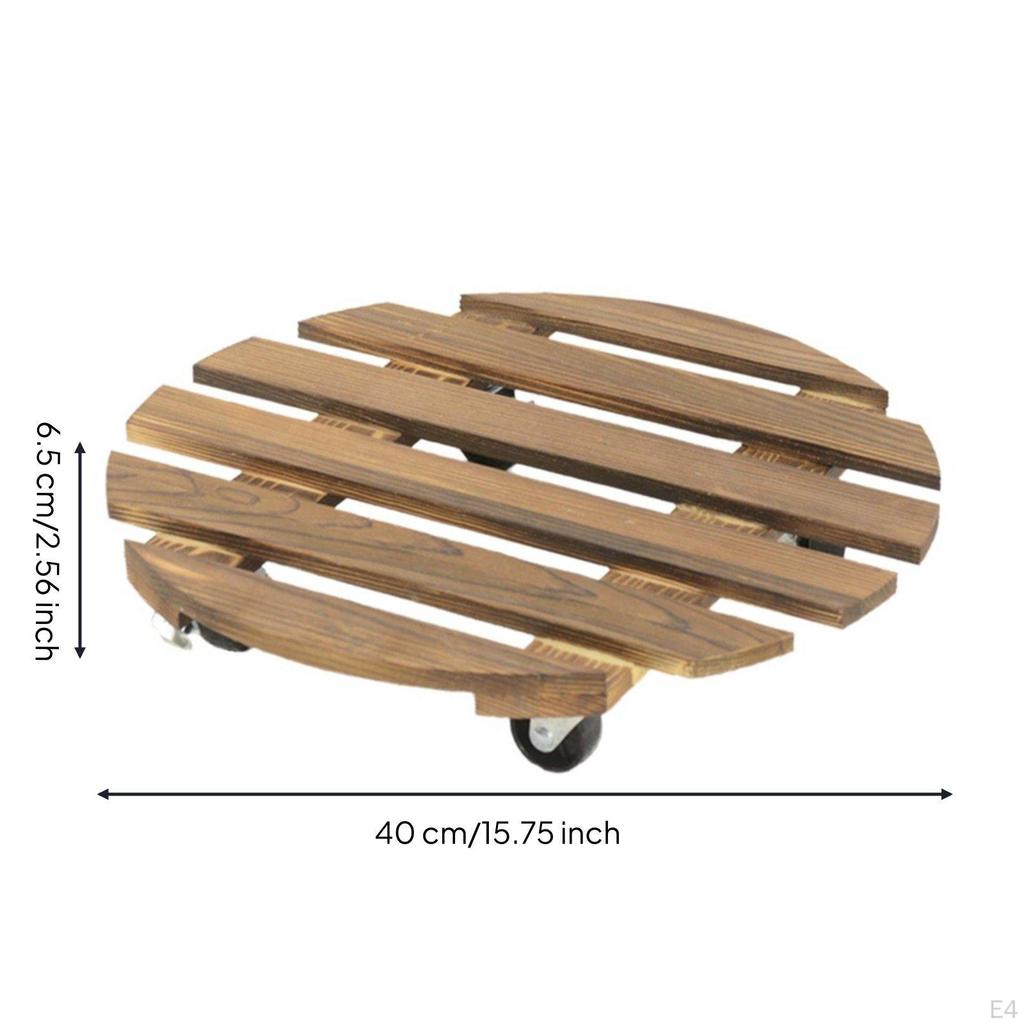 Round Planter Stand with Wheels Carbonized Wooden Floral Pot Indoor Outdoor Use