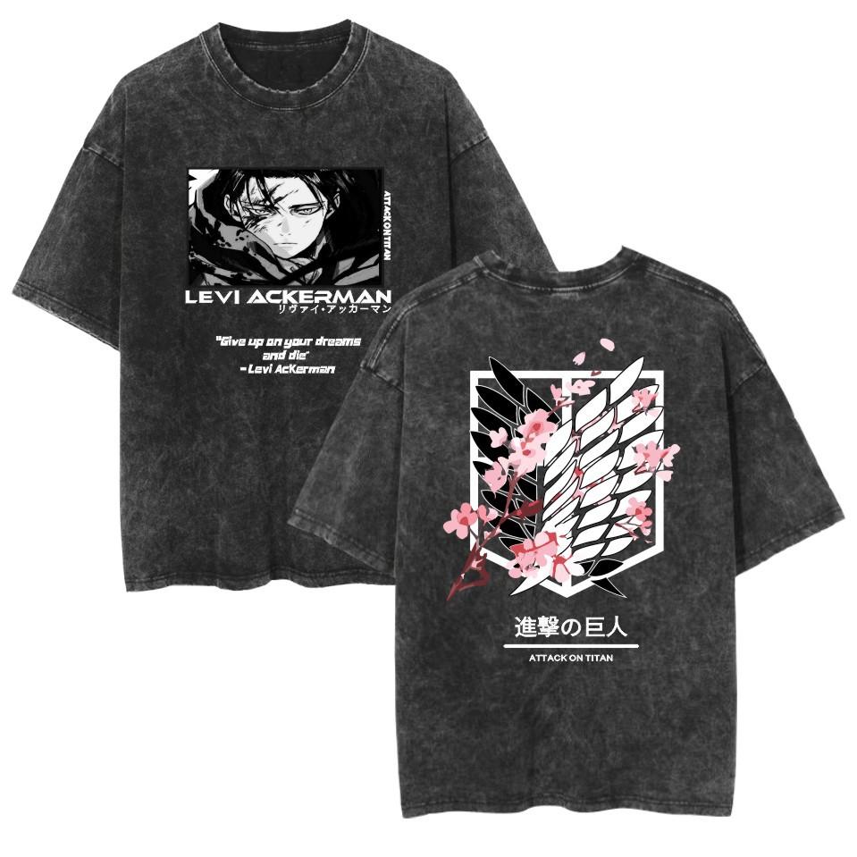 Washed Retro T-shirt ATTACK ON TITAN Anime Casual Cotton Summer Short-sleeved Shirt Men's and Women's T-shirts