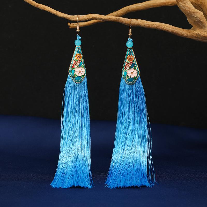 Medium cloisonne long fringed earrings retro temperament versatile cheongsam earrings Chinese earrings women