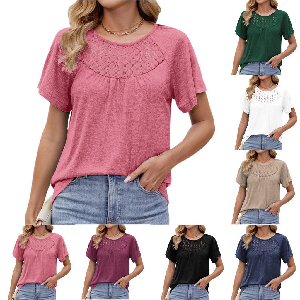 Women's Loose Casual Round Neck Solid Color Pleated Short Sleeved Top Short Sleeved Top