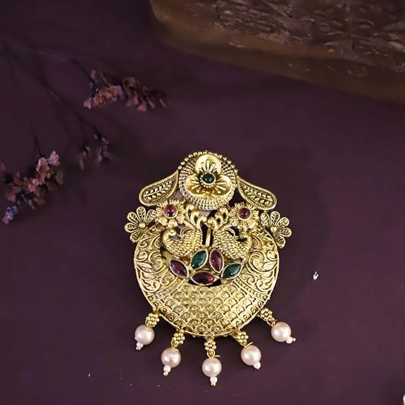 Traditional Temple Design Gold-Plated Hair Barrette Clip with Pearl Dangling Accents