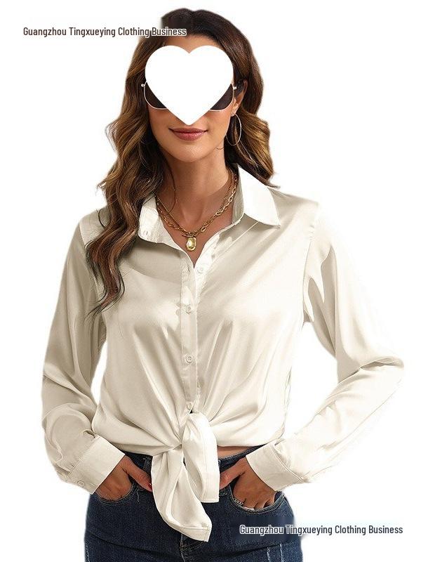 European & American Women's Long Sleeve Satin-Cotton Shirt - Solid Color, Spring & Autumn Bestseller
