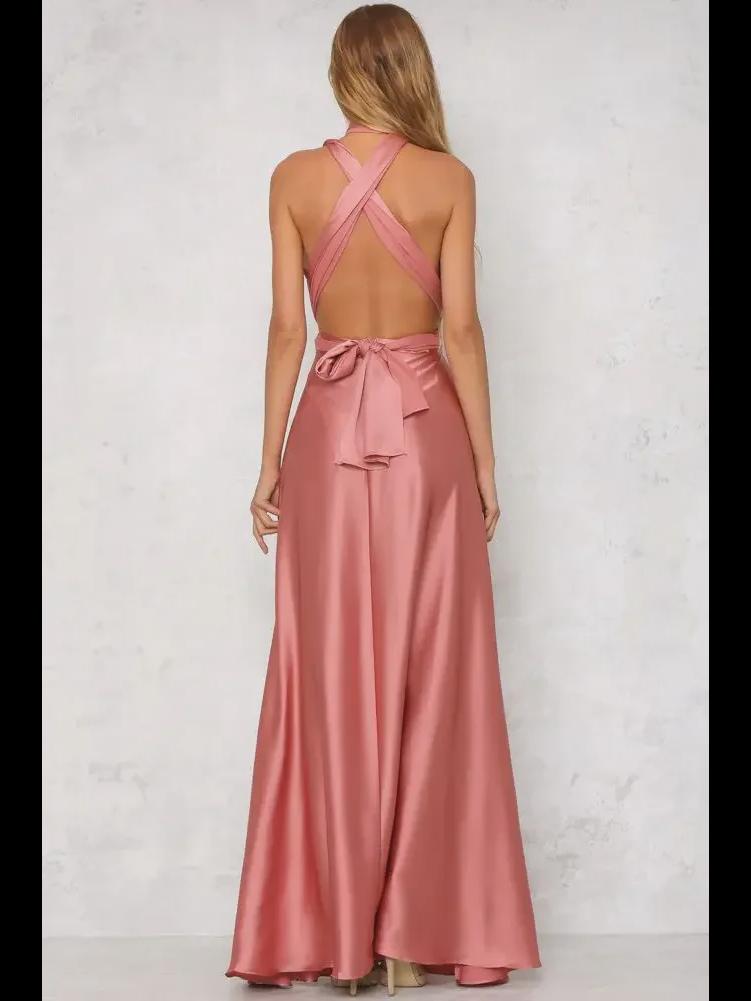 Europäisches und amerikanisches Abendkleid aus Satin mit tiefem V-Ausschnitt für Damen – eleganter, einfarbiger, langer Rock