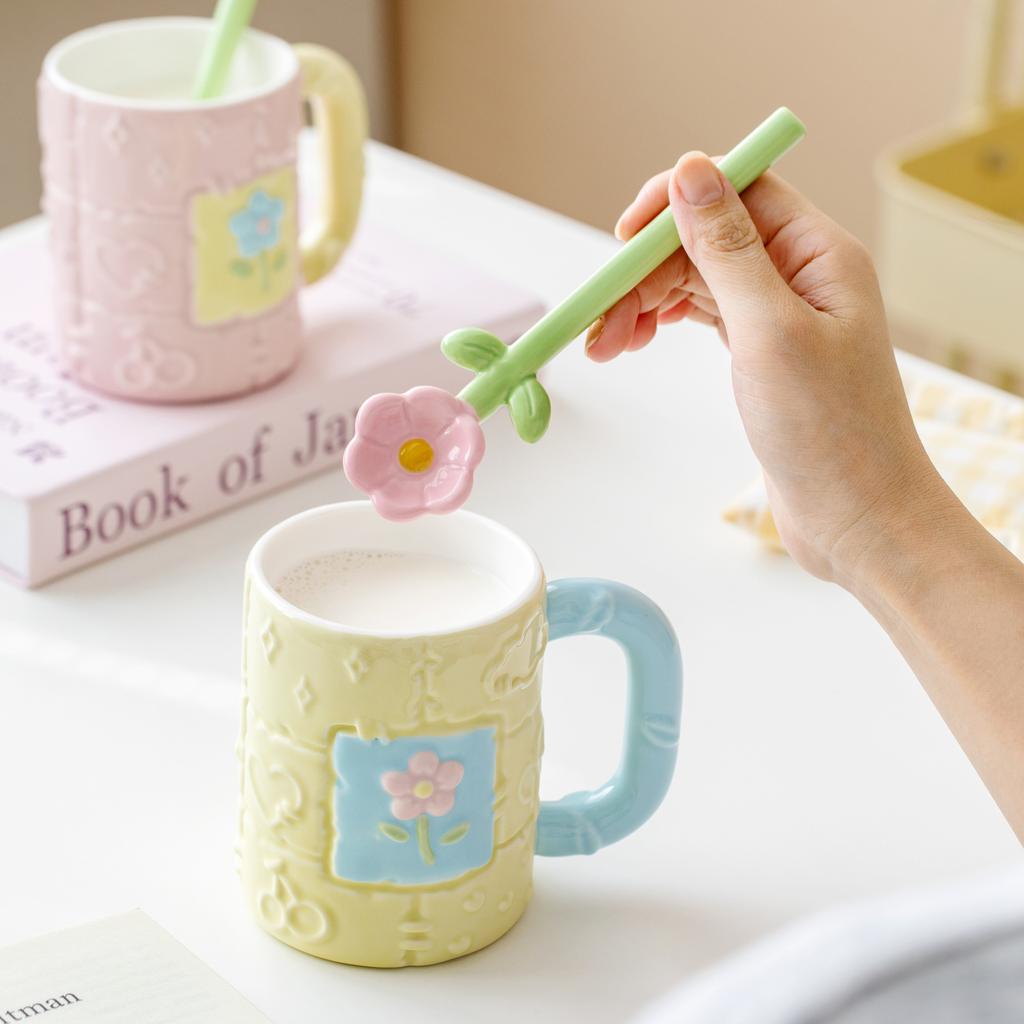 High Value Painted Ceramic Cup with Flowers Ceramic Spoon Couple Mug Hand Painted Flower Cup Student Water Cup