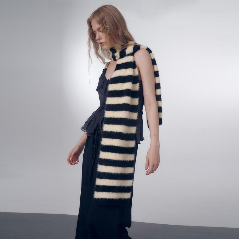 Original Niche Color Scheme Imitation Classic Striped Knitted Wool Muffler for Women Autumn Winter Soft Warm Scarf Female Shawl