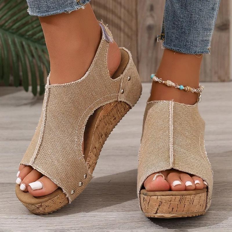 Fashion 2025 Plus Size Female Shoes Open Toe Women's Sandals Summer Denim Daily Sandals Women Round Toe Platform Wedges Shoes Women