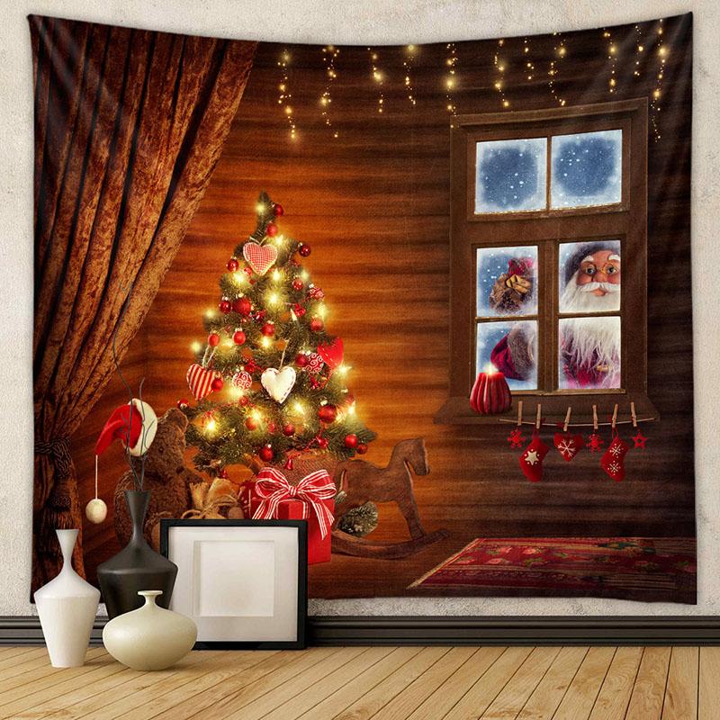 American Christmas Tapestry for Living Room Xmas Tree Fireplace Printed Wall Hanging Cloth Soft Square Holiday Home Decoration