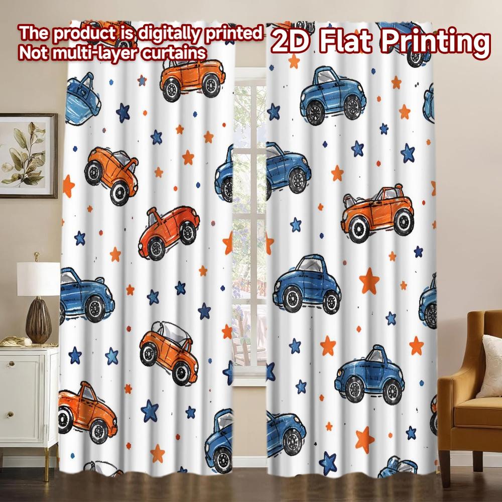 2D FLAT PRINTING 2pcs Curtains (Without Rod) Cars and Stars Minimalist Chic Curtains Polyester Easy Install Curtains Home Decor 60×150cm