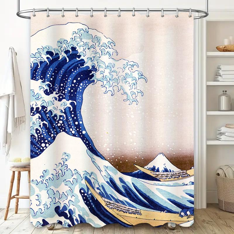 Oceaniskt mästerverk: Japansk konst Våg- och Fuji-bergsmönster Duschdraperi För en utsökt badrumsinredning