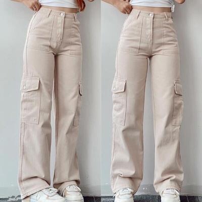 Street Casual Wide Leg Cargo Pants Damen Mittlere Taille Feste Taschen Baggy Pants Mode Dünne Jogging Gerade Lose Hose