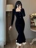 Vintage Bodycon Velvet Mermaid Party Dresses Women Elegant Lace Patchwork Evening Prom Vestidos Female Autumn Winter Clothes