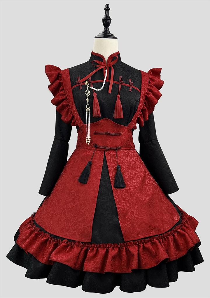 YZZYQQ Maid Cute Red and Black Outfit with Gothic Alice in Wonderland Princess Classical and Plus Size Maid Size M Costume, Cosplay, Ribbon, Lolita,