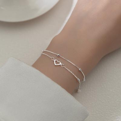 Sterling Silver S925 Silver Bracelet Sweet Love Bracelet for Women Double-layer Design Round Bead Hollow Heart-shaped Bracelet Adjustable