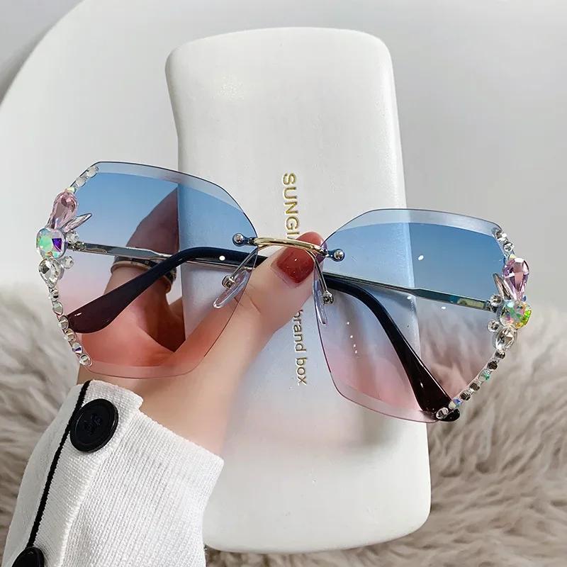 Unisex Oversized Outdor Sunglasses Women Luxury Rimless Diamond Eyewear Shades Large Round Frame UV400 Sun Glasses for Female