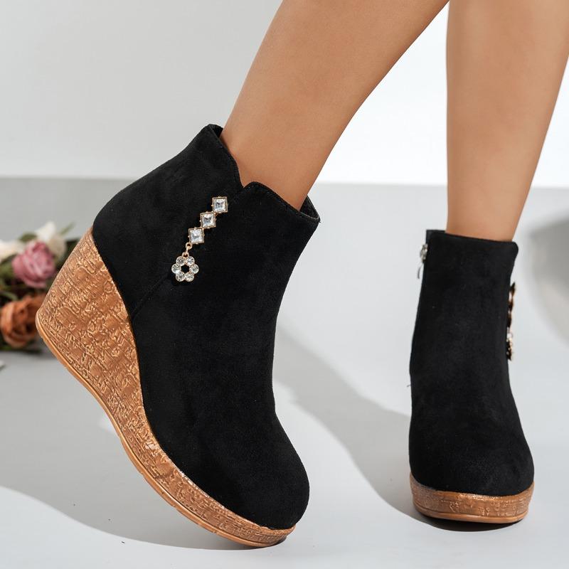 Naked Boots Fall Winter New Fashion Wedge Round Toe Zip Rhinestone Platform Non-Slip Cotton Boots