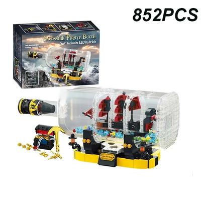 852PCS Creative Pirate Ship Bottle Building Blocks Light Bricks In a Bottle Classic Model DIY Children's Toys Birthday Gift Set