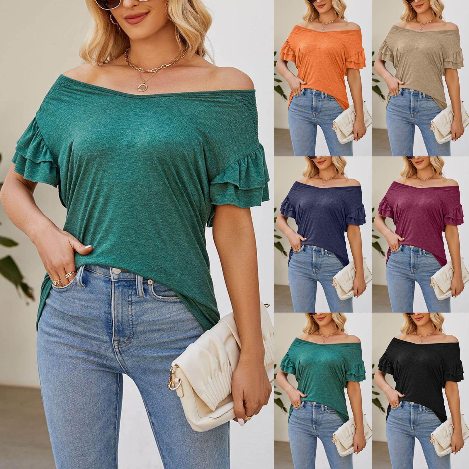 

(Куниде) Женский летний сплошной цвет V-образный вырез Одно плечо с короткими рукавами Свободная футболка Топ