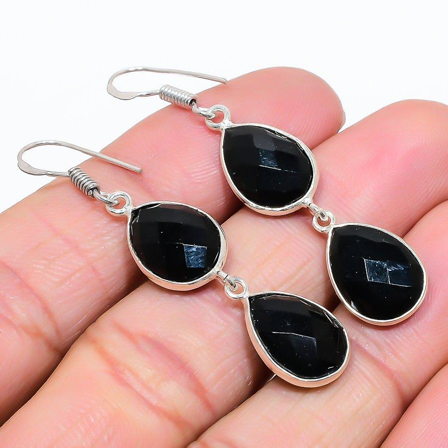 Black Spinel Gemstone Handmade 925 Sterling Silver Jewelry Earring 2.13" GK-6254