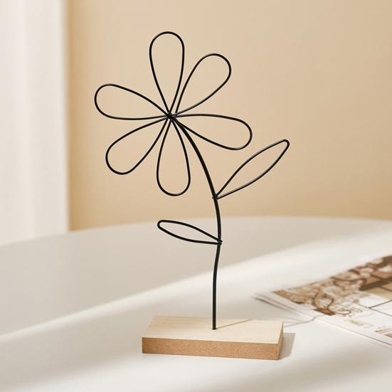 Scandinavian Style Wall Decor Nordic Wrought Iron Decoration, 3D Hollow Flower Ornament with Wood Base, Modern Farmhouse Handcrafted Figure for Living