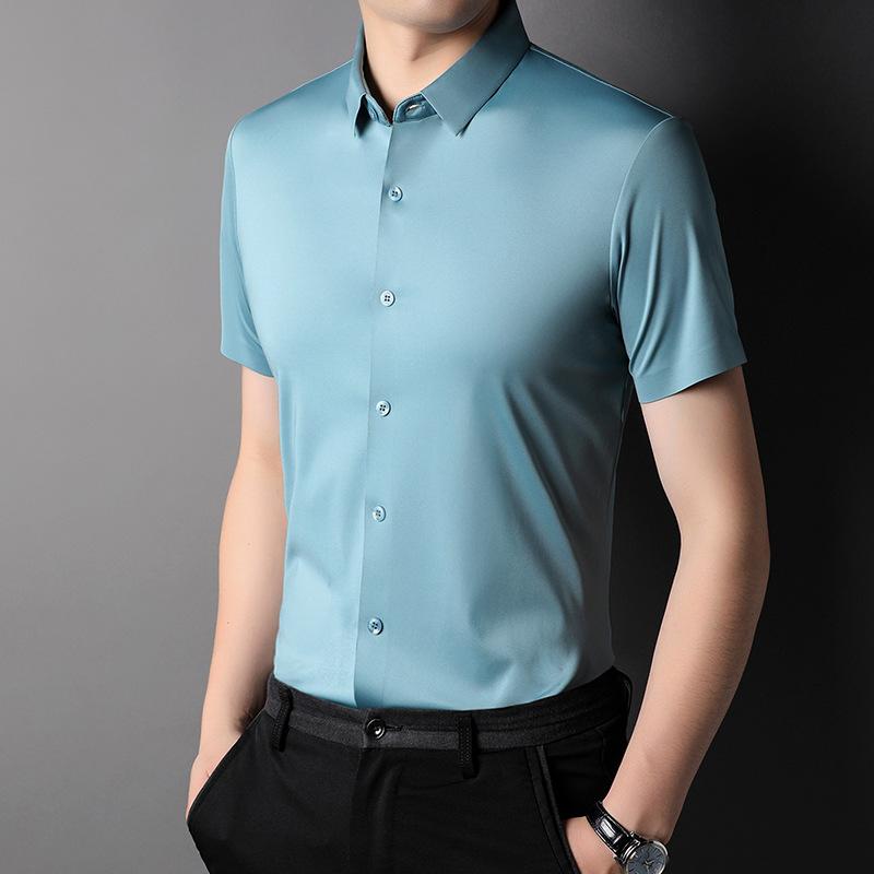 Summer Ice Silk No-iron Short-sleeved Shirt Men's Seamless Breathable Quick-drying Shirt Men's Elastic Half-sleeved Business Men's Clothing