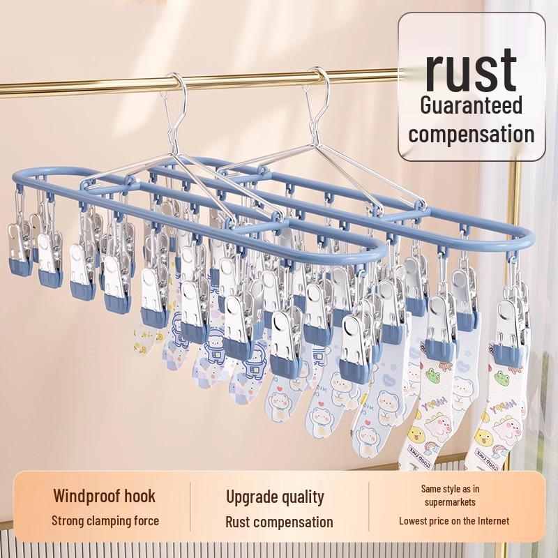Multi-Functional Stainless Steel 18-Clip Sock Drying Rack with Windproof Hook for Balcony Use
