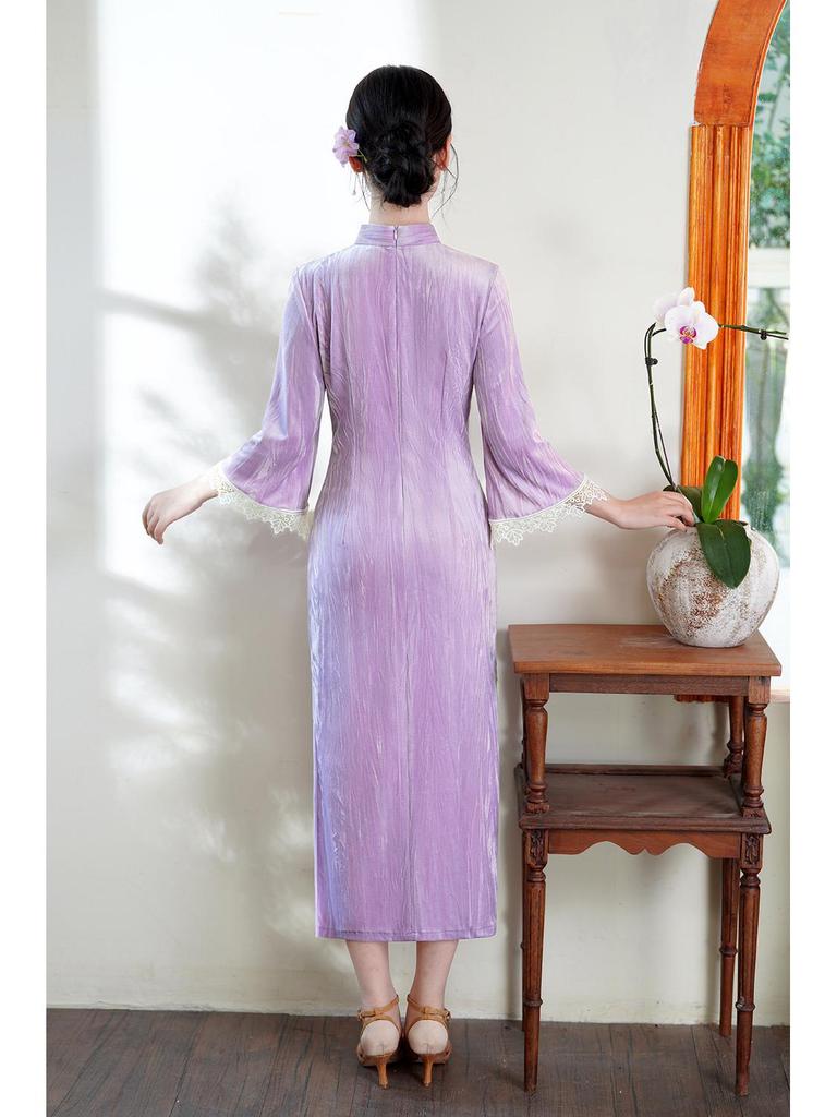 Youthful Purple Cheongsam: New 2025 Autumn/Winter Long Sleeve Chinese Style Dress
