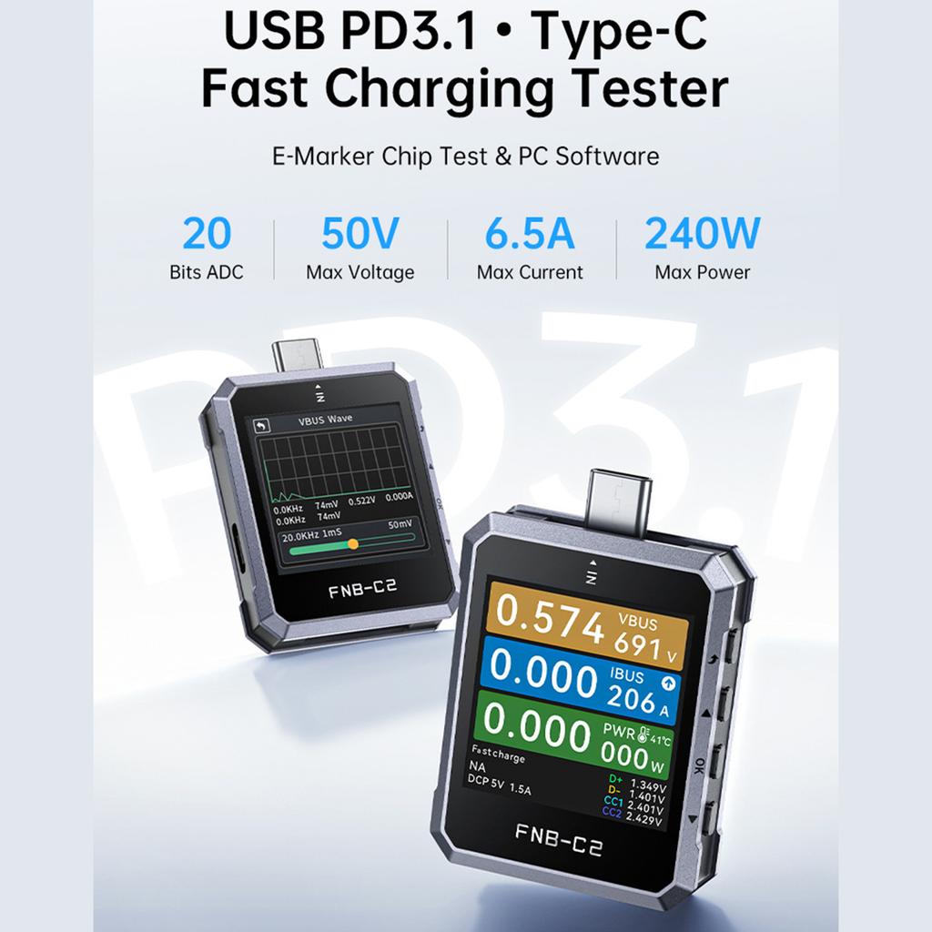 Testeur de câble USB Testeur USB avec protocole de charge rapide Haute tension 50V Détection ADC 20 bits Tension Courant Puissance