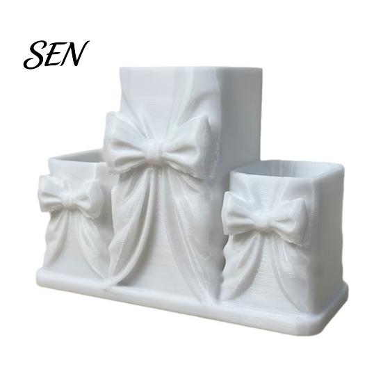 Aesthetic Desk Decor for Girls 3D Printed Makeup Storage Box with Bow Design, Desktop Cosmetic Organizer Cosmetics Vanity Table, Three Compartments